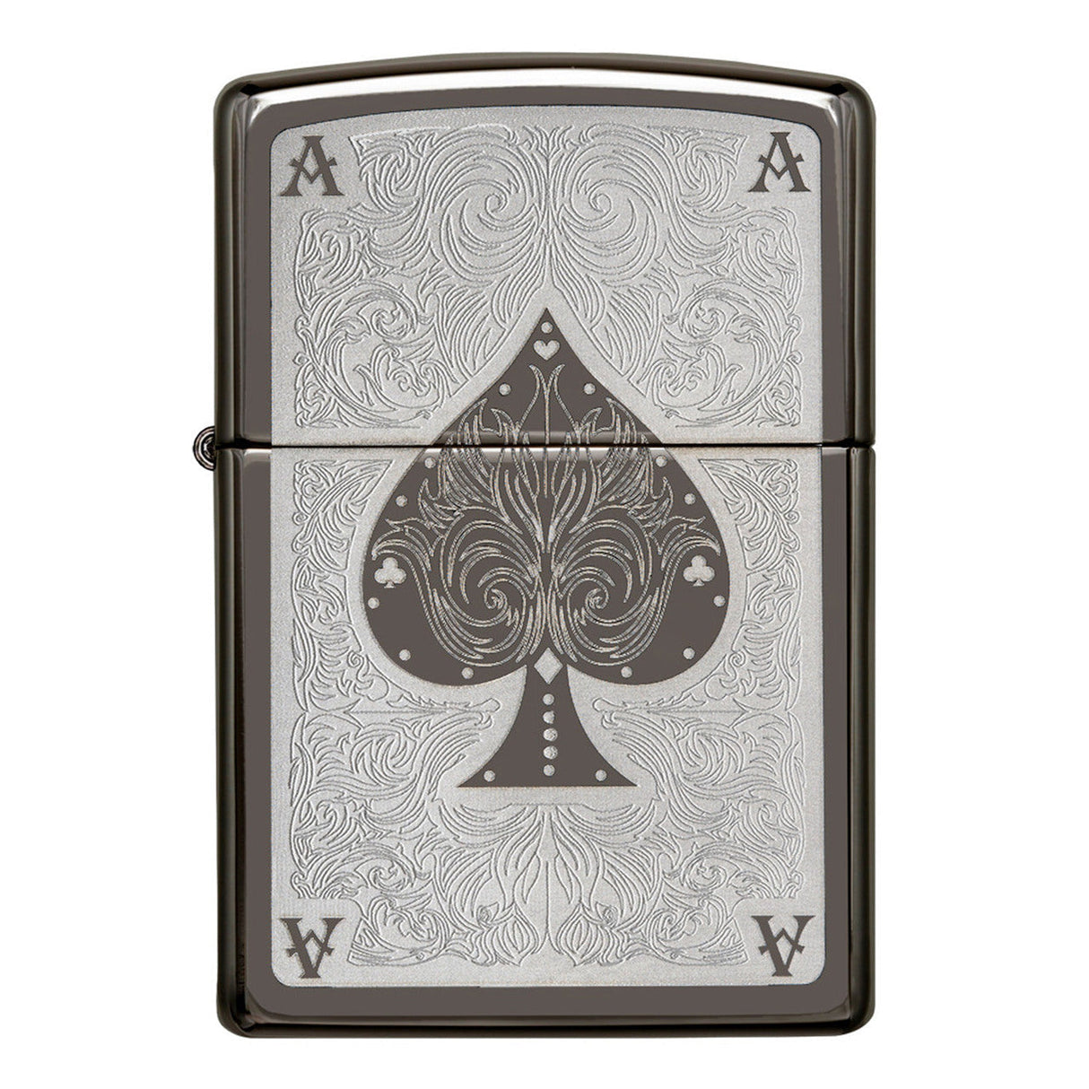 Ornate metal lighter featuring an engraved ace of spades design.