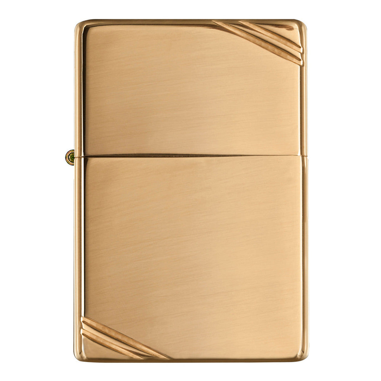 Gold-colored metal lighter with diagonal corner accents.