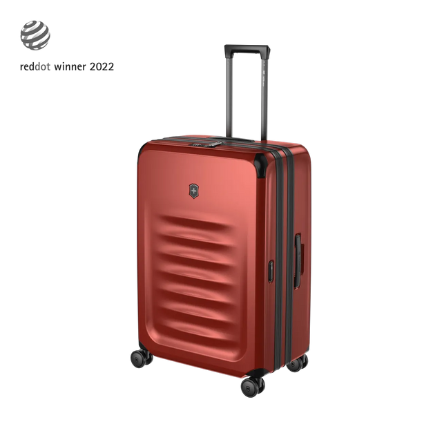 Red hardshell rolling suitcase with horizontal ridges and an extendable handle.