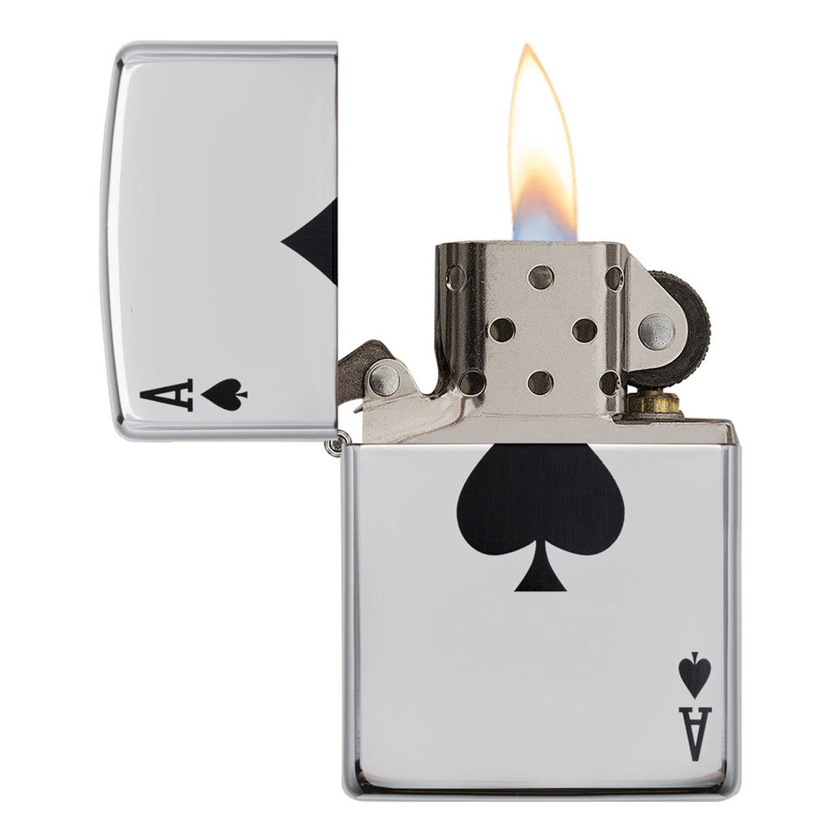 Lit metal lighter designed to resemble an ace of spades playing card.