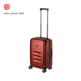 Red hardshell carry-on suitcase with a telescoping handle and wheels.