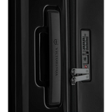 Luggage handle and combination lock on a black suitcase.