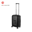 Black hardshell carry-on suitcase with a retractable handle and wheels.