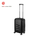 Black hardshell carry-on suitcase with a retractable handle and wheels.