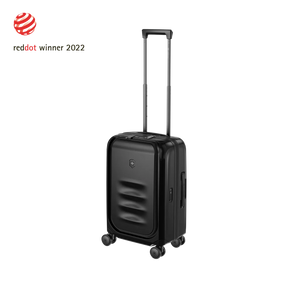 Black hardshell carry-on suitcase with a retractable handle and wheels.