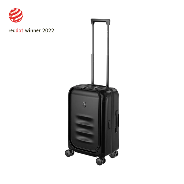 Black hardshell carry-on suitcase with a retractable handle and wheels.