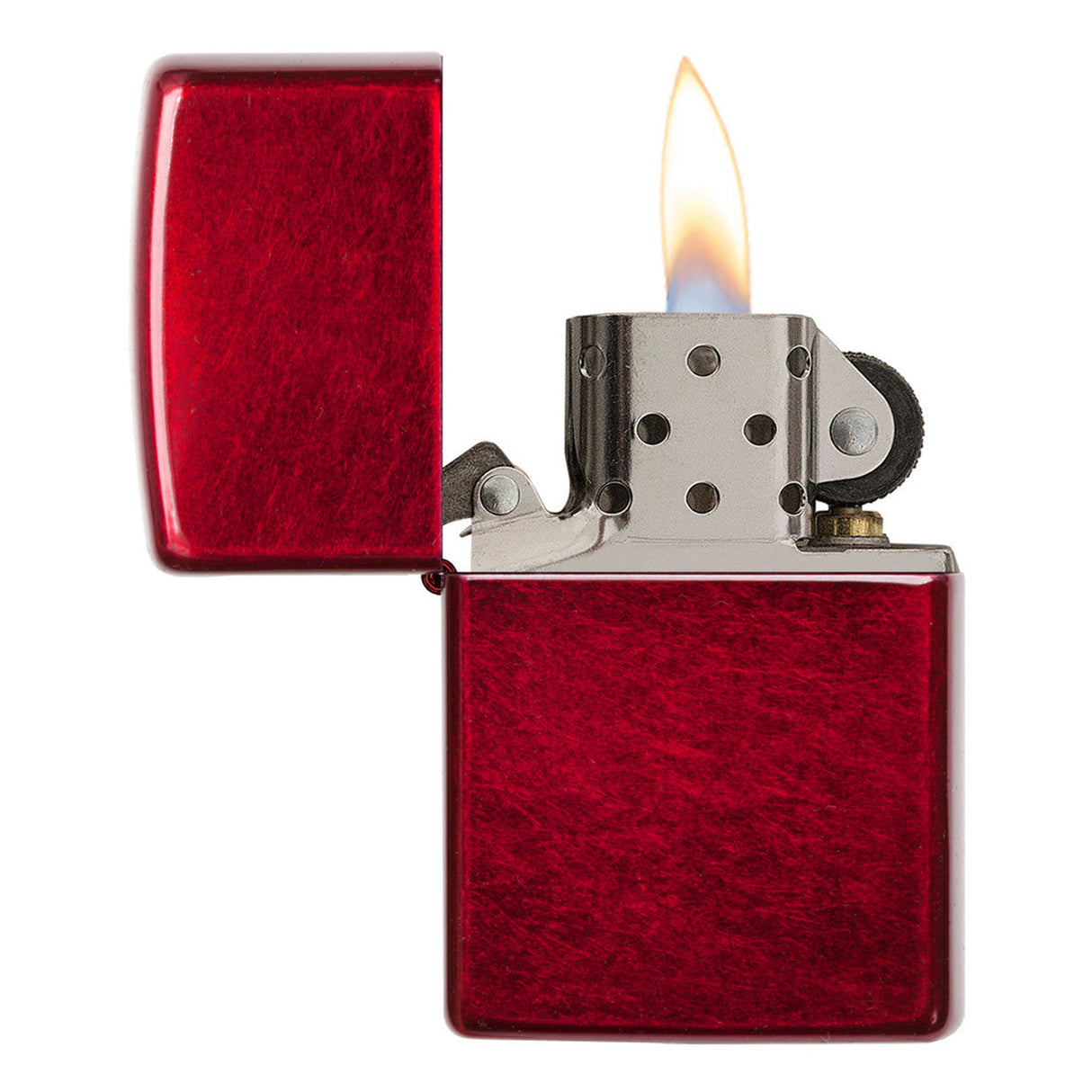 Red metallic lighter with an open flame.