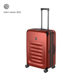 Red hardshell rolling suitcase with horizontal ridges and an extendable handle.