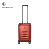 Red hardshell carry-on suitcase with a telescoping handle and wheels.