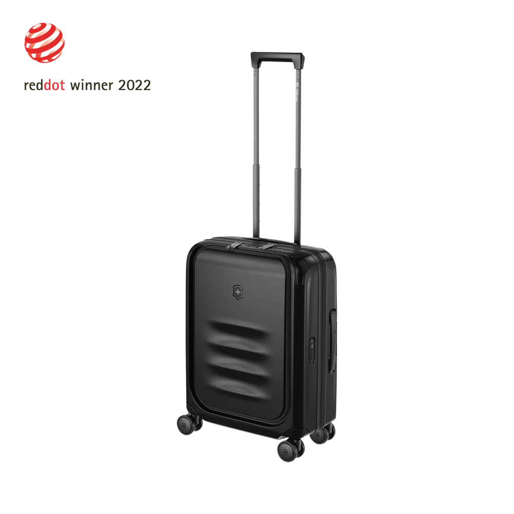Black hardshell carry-on suitcase with a retractable handle and wheels.