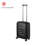 Black hardshell carry-on suitcase with a retractable handle and wheels.