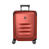 Red hardshell rolling suitcase with a retractable handle and wheels.