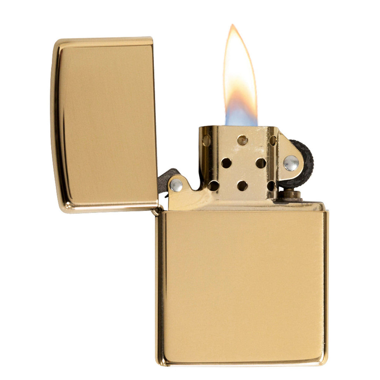 Gold-colored metal lighter with an open lid and lit flame.