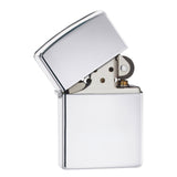 Metal flip-top cigarette lighter with a shiny silver finish.