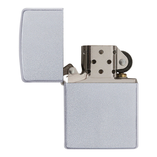 Metallic silver flip-top cigarette lighter with an open lid.
