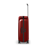 Red hardshell rolling suitcase with an extendable handle and wheels.