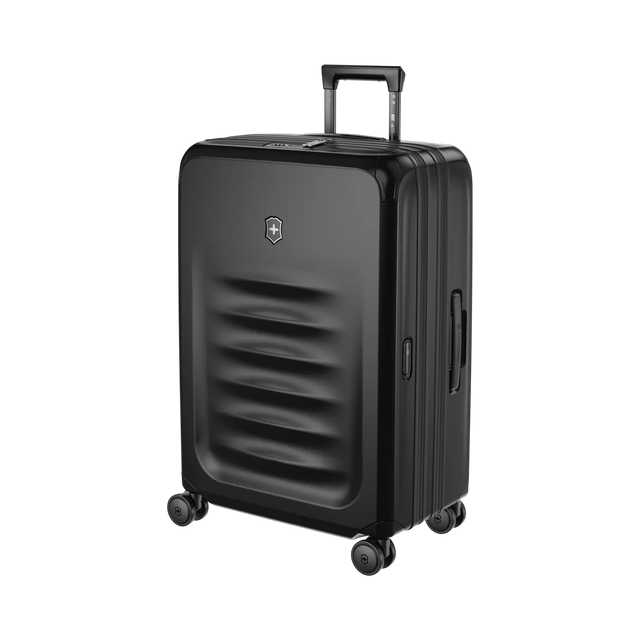 Black hardshell rolling suitcase with horizontal ridges on the front.