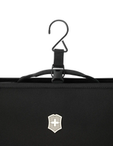 Black garment bag with a Swiss Army logo hanging from a hook.