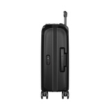Black hardshell rolling suitcase with a retractable handle and wheels.