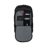 Black backpack with an open front compartment revealing organized storage pockets.