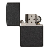Black matte Zippo-style lighter with an open lid, revealing the metal insert and wick.