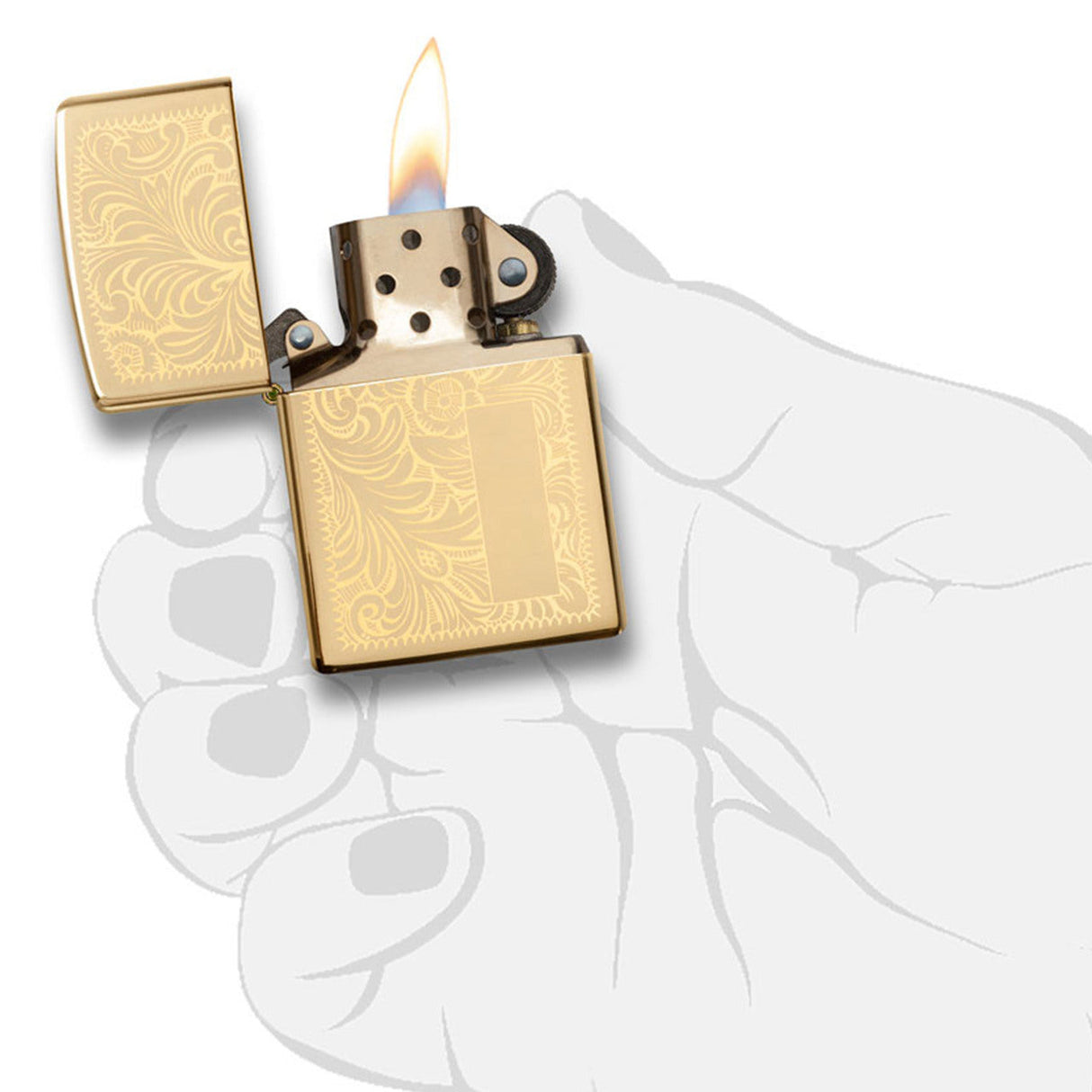 Gold-colored Zippo lighter with an ornate floral pattern, open and lit.