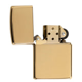 Gold-colored metal flip lighter with an open lid.