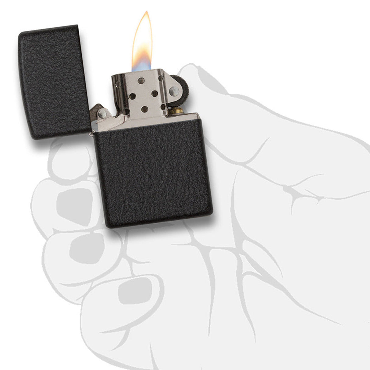 Black metal lighter with an open flame.