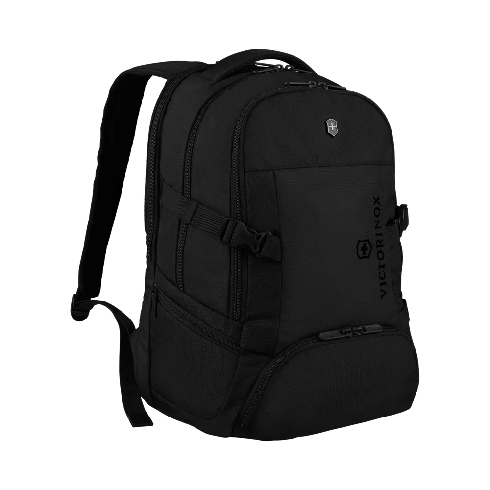 Black backpack with multiple compartments and straps.