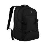 Black backpack with multiple compartments and straps.