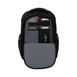 Black backpack with multiple compartments and pockets visible in an open view.