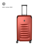 Red hardshell rolling suitcase with horizontal ridges and a retractable handle.