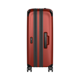 Red hardshell suitcase with black trim and wheels.