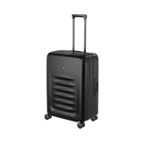 Black hardshell rolling suitcase with horizontal ridges on the front.