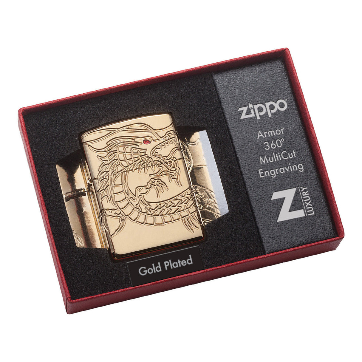 Gold-plated Zippo lighter with an engraved dragon design.