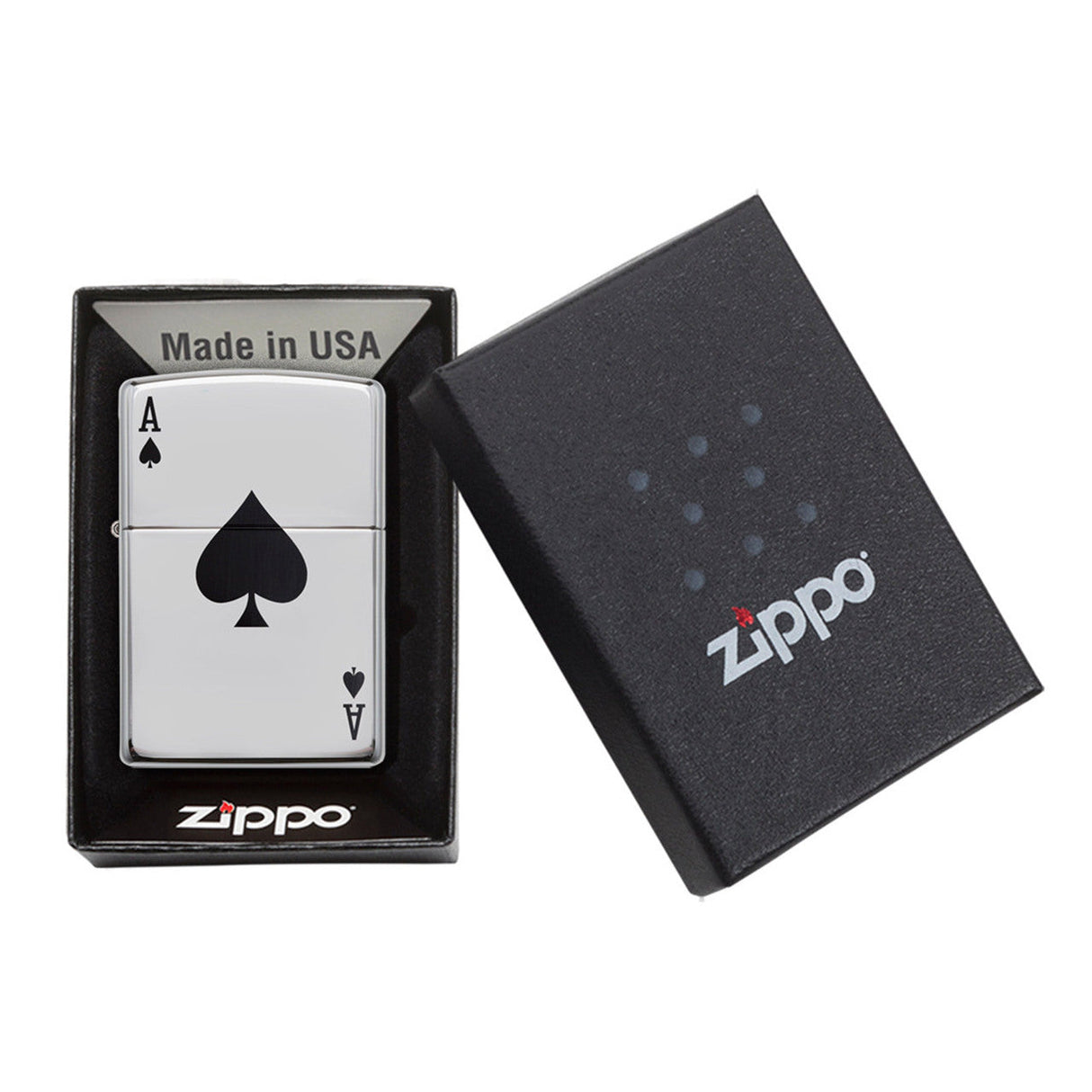 Zippo lighter with an ace of spades design in its packaging.