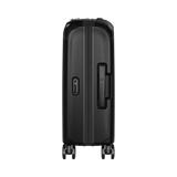 Black hardshell rolling suitcase with wheels and a retractable handle.