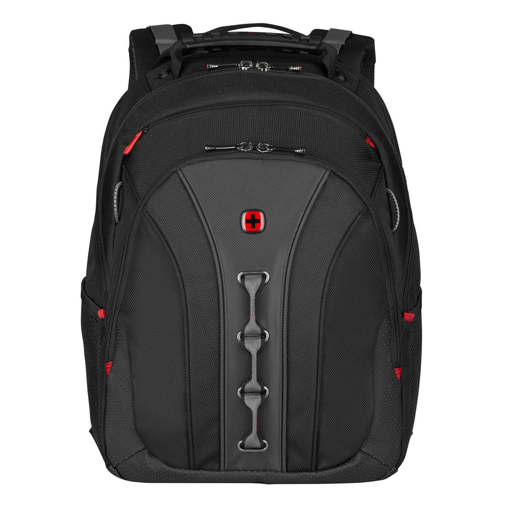 Black backpack with red accents and multiple compartments.