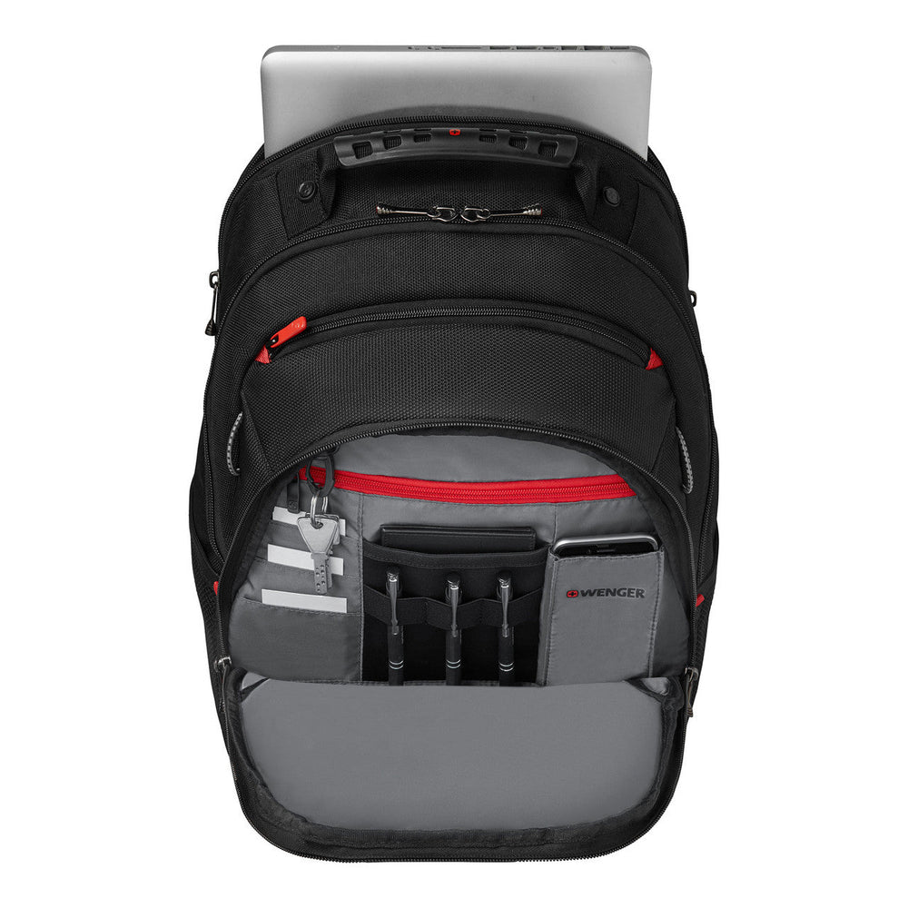 Black laptop backpack with multiple compartments and red accents.