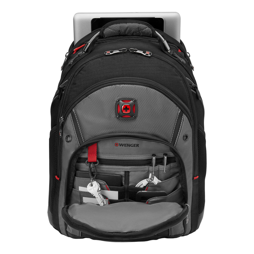 Black and gray backpack with red accents and multiple compartments.