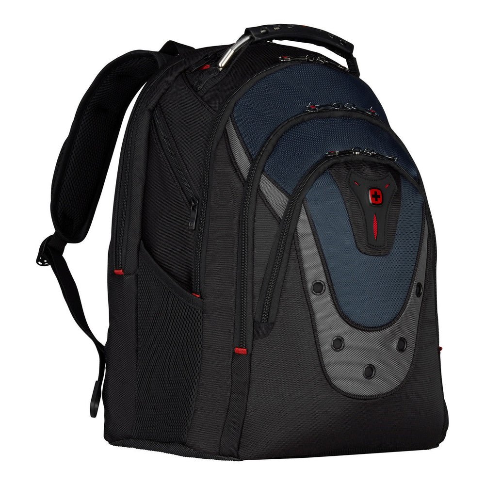 Black and navy blue backpack with multiple compartments and red accents.