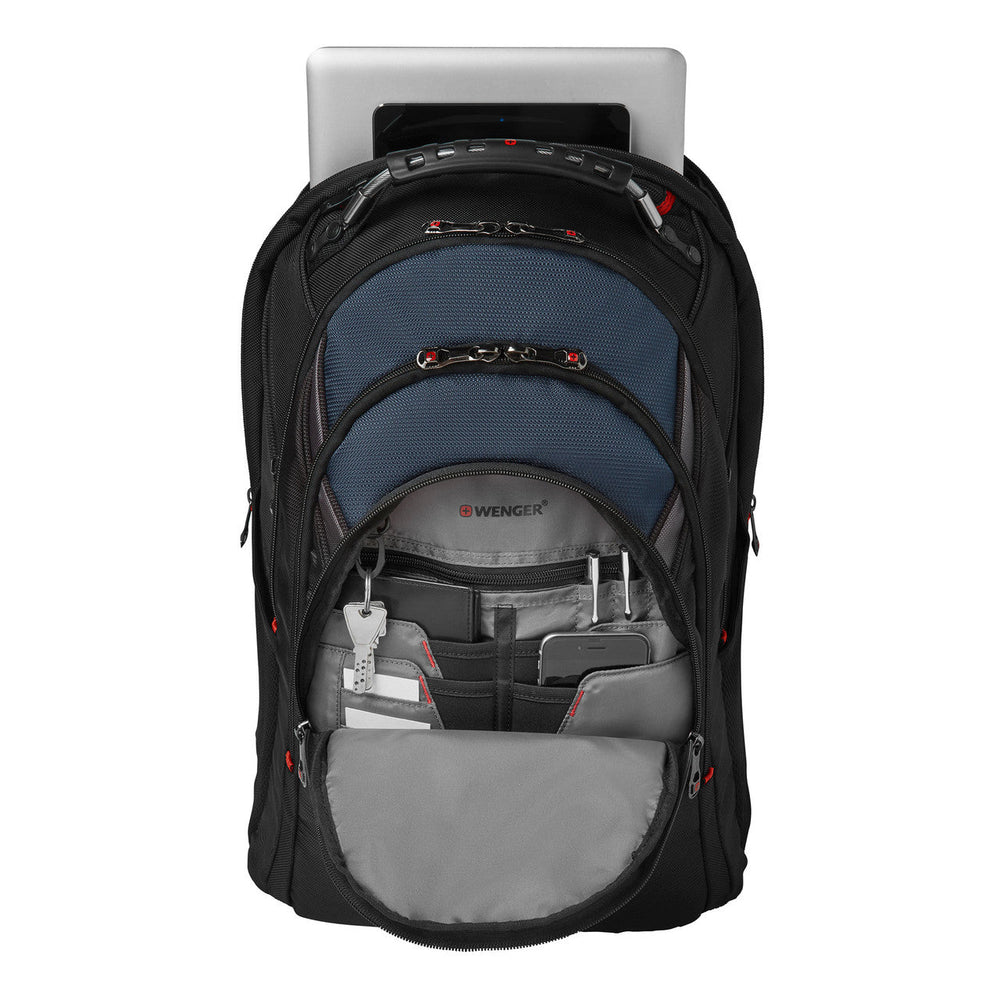 Backpack with multiple compartments and a laptop sleeve visible inside.