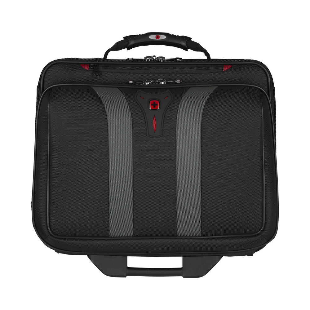 Black rolling laptop briefcase with gray accents and a handle on top.