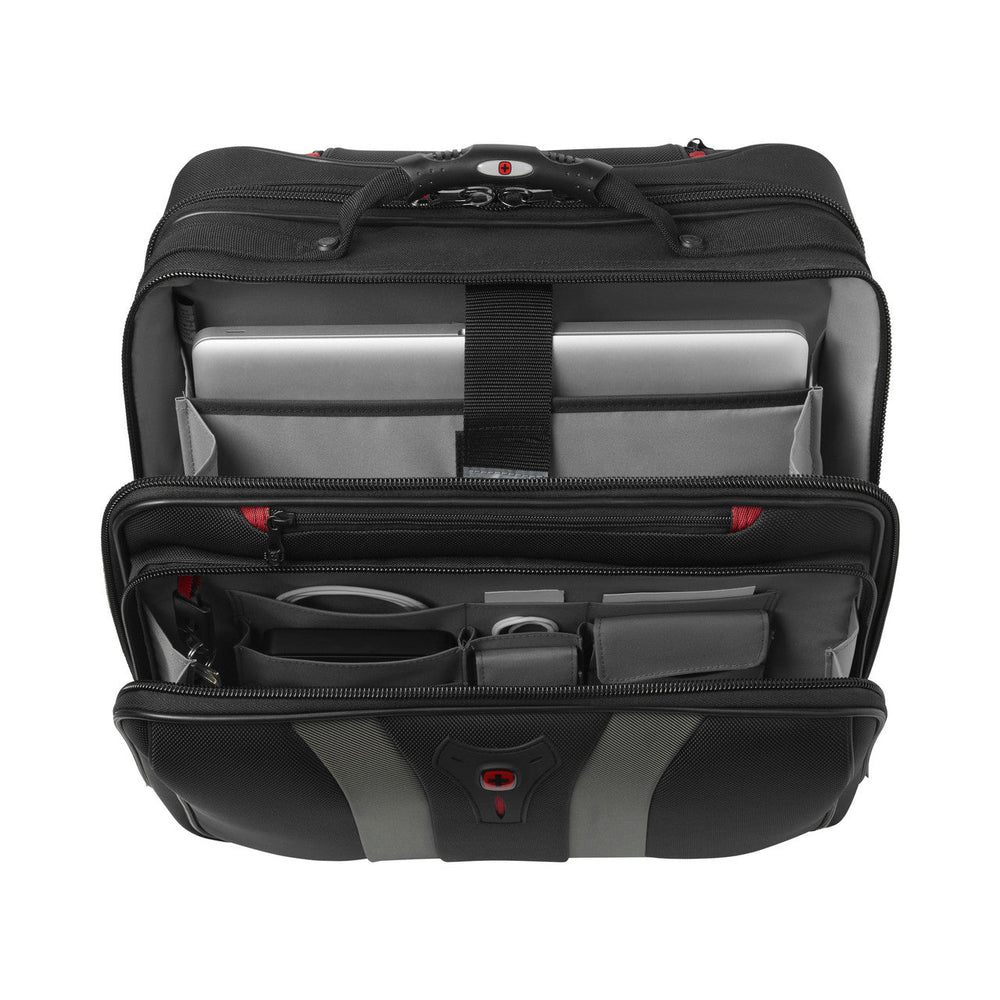 Black laptop bag with multiple compartments and pockets for organizing electronics and accessories.