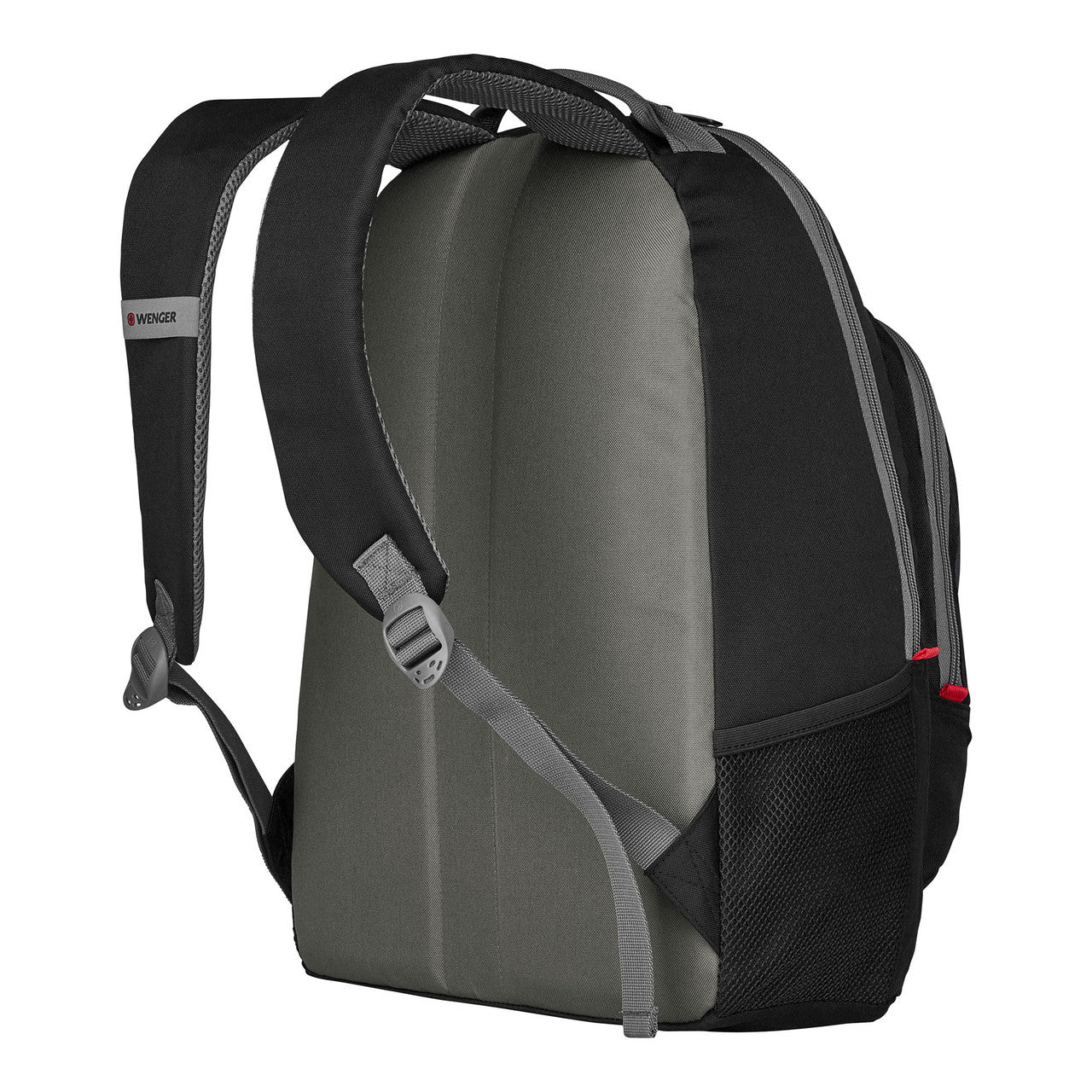 Backpack with black and gray color scheme and padded straps.