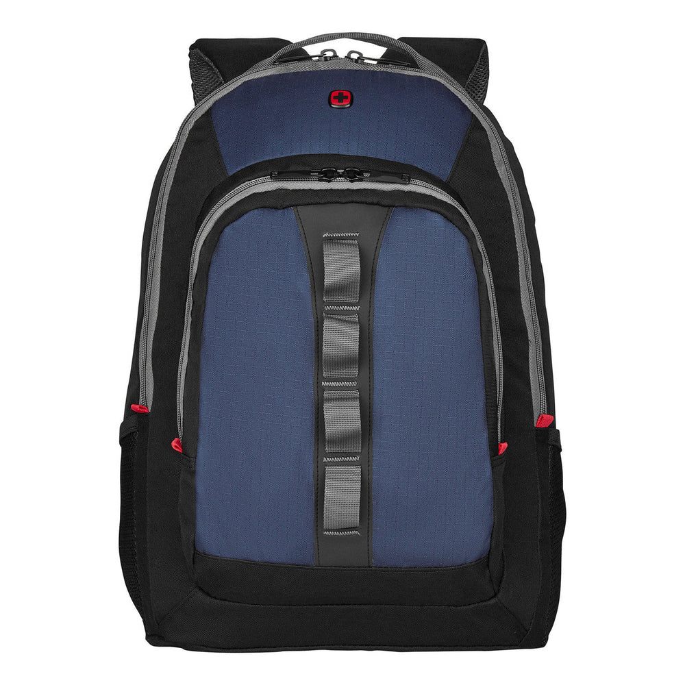 Blue and black backpack with red accents and a central vertical strap.