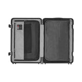 Open hard-shell suitcase with two compartments and interior pockets.
