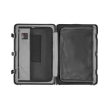 Open hard-shell suitcase with interior compartments and pockets.