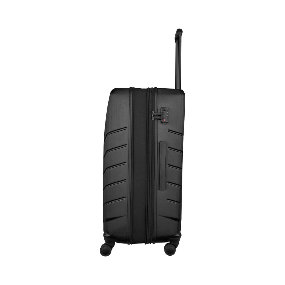 Black hardshell rolling suitcase with horizontal ridges and an extendable handle.