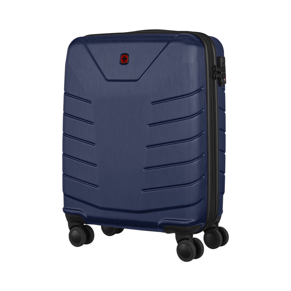 Navy blue hardshell rolling suitcase with horizontal ridges and four wheels.